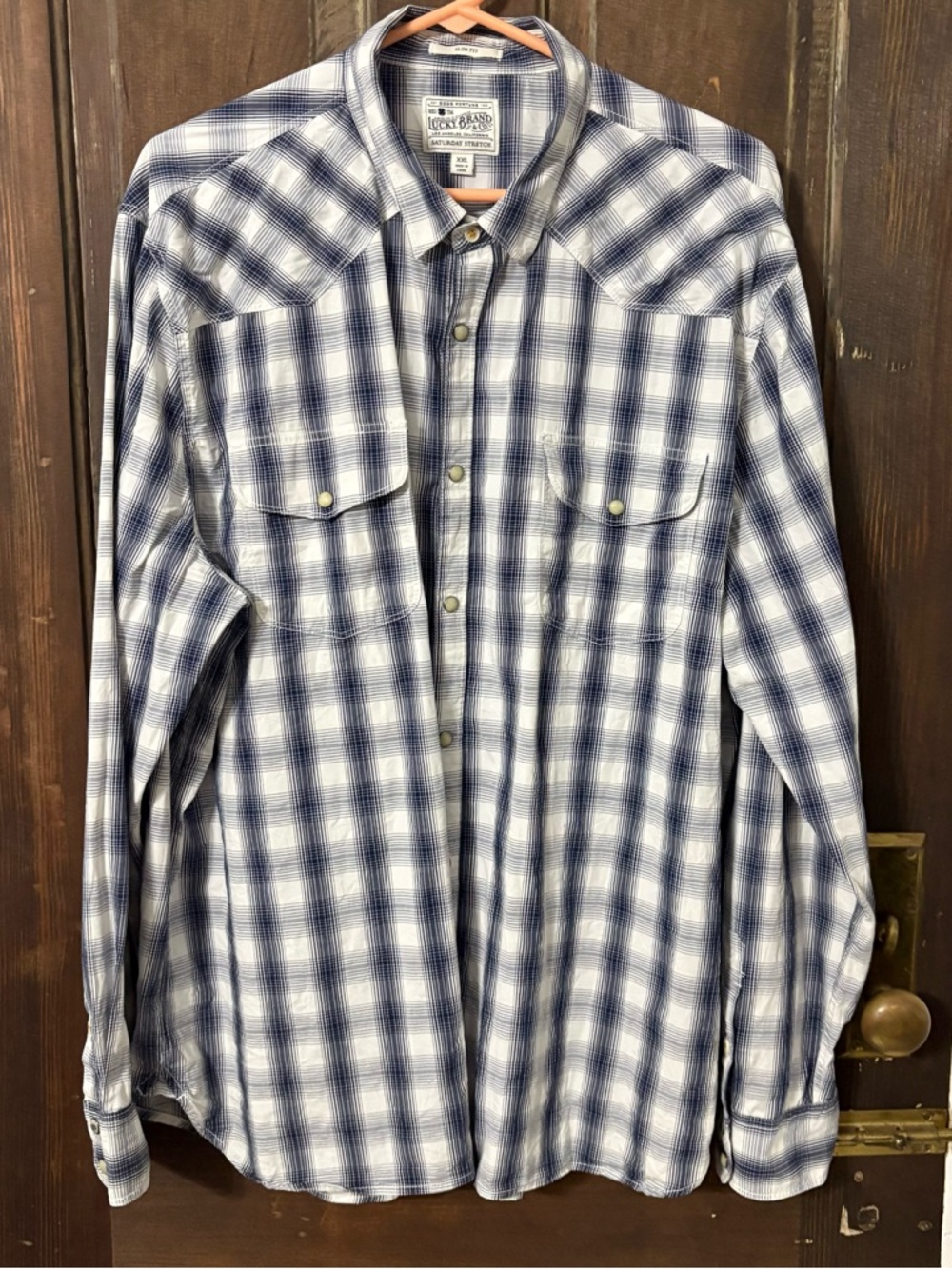 Lucky Brand Blue and White Plaid Button-Up Pearl Snap Western Shirt